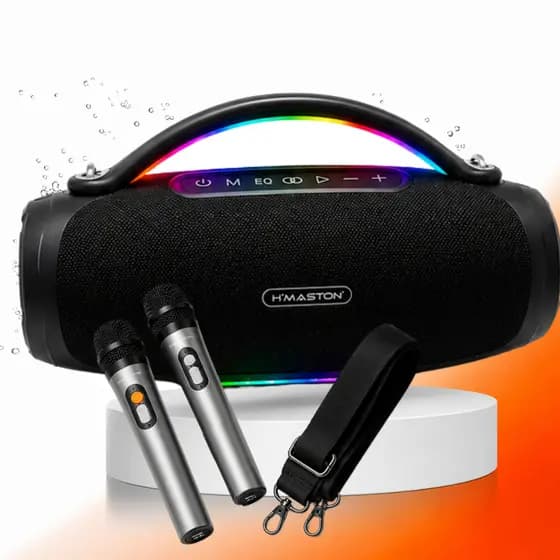 Kit H'Maston Caixa de Som Speaker + 2 Microfones Sem Fio Bluetooth Bass Boombox Grande 120W IPX6