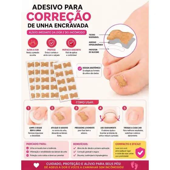 Kit 10 Adesivos Órtose Correção de Unhas Encravadas Manicure Pedicure