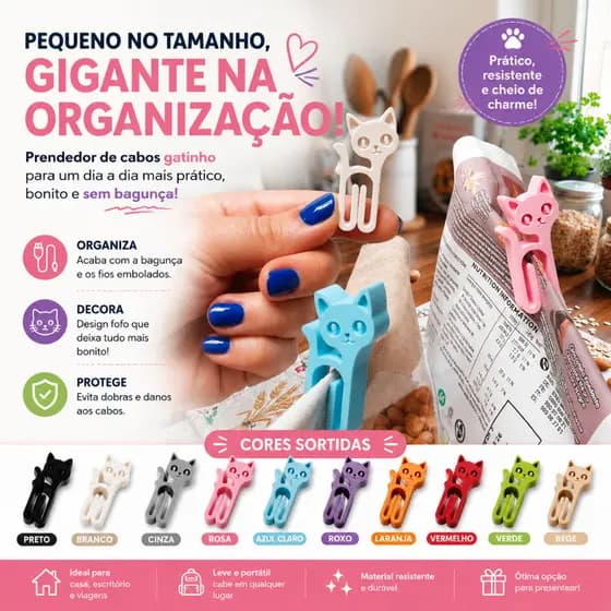 Clip Gatinho Organizador de Cabos e Papéis | Fofo, Compacto e Multifuncional | Impressão 3D | Cores Sortidas