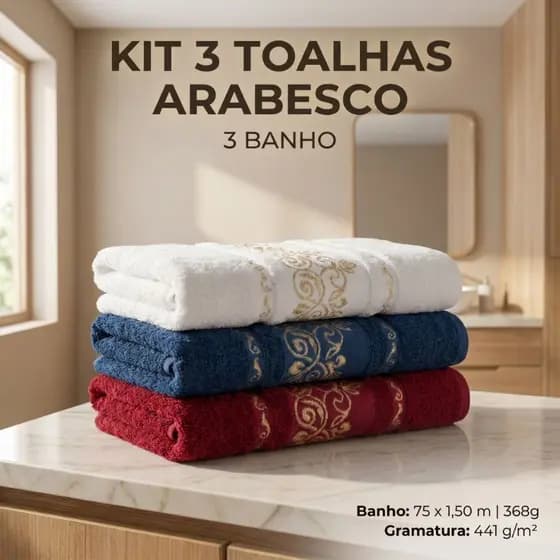 Kit 3 Toalhas Banho Arabesco Banhão 100% Algodão Premium 75x1,50m