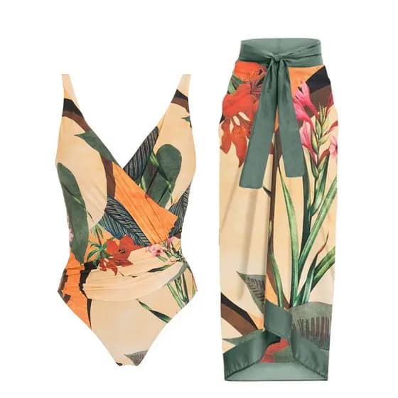 Saida da praia Feminino moda floral Maiô Com Bojo Com Saia roupa de banho vestido