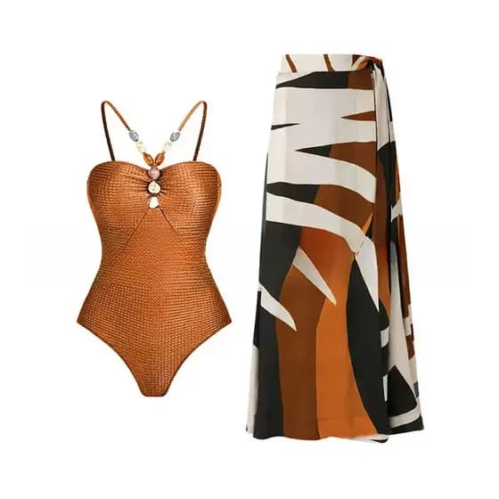 Conjunto de maiô feminino em cor marrom vintage com biquíni e saia de praia, elegante para férias e festas.