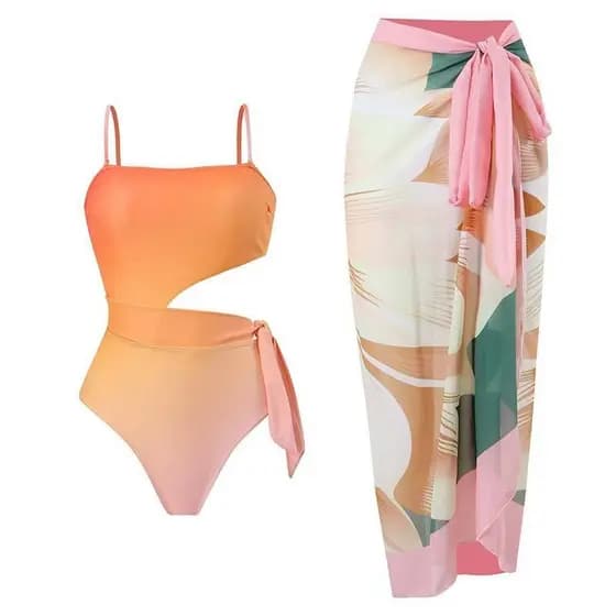Conjunto de Moda Praia Feminino Dois em Um: Maiô de Uma Peça com Saia Longa (Rosa/Laranja)