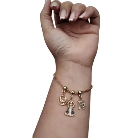 Pulseira Dourada Ajustável Aparecida Fé Com Strass