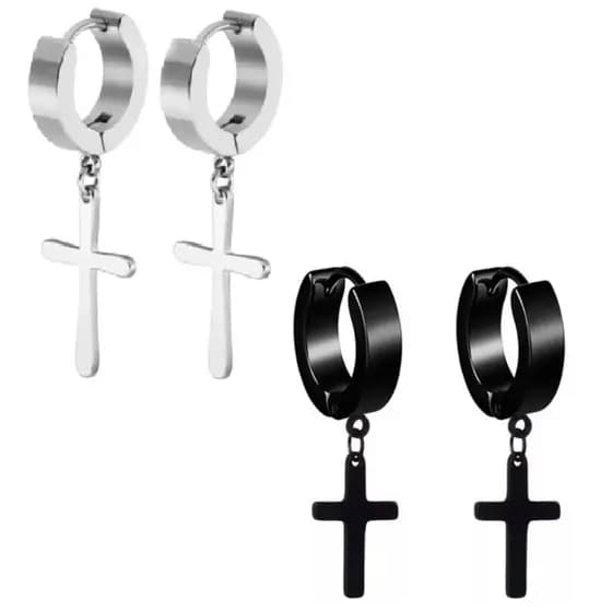 2 Brincos D Argola Cruz De Furo Aço Inox Unissex Estilo Moderno