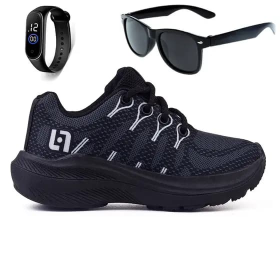 Tenis Infantil Meninos Casual Escolar Preto Preto + Óculos e Relógio