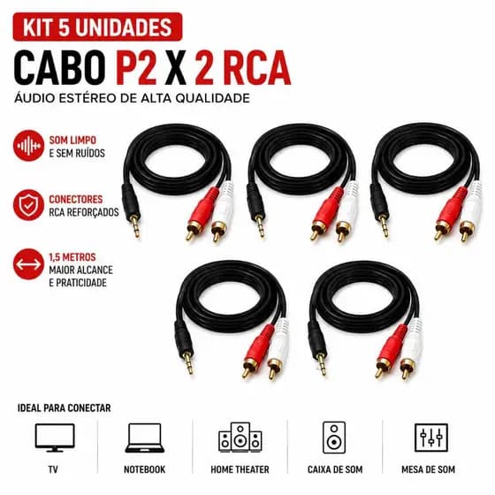 Kit 5 Unidades Cabo Auxiliar P2 X 2 RCA Macho 1,5m Áudio Stereo TV Som PC Notebook Home Theater