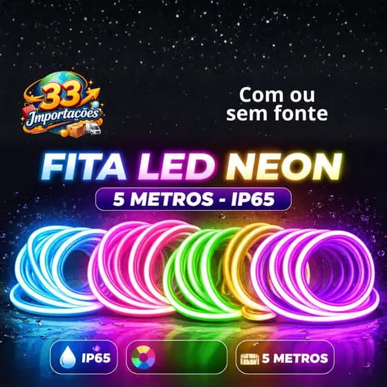 Fita LED Neon 5m IP65 Impermeável Flexível Com ou Sem Fonte Luz Neon RGB Decorativa Quarto Sala Gamer Festa Externa Pro