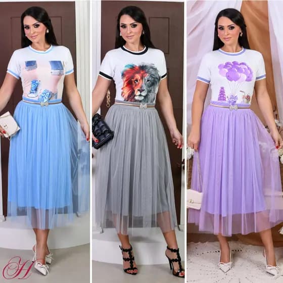 Saia Tule de Brilho Glitter Colorida Forrada Moda evangélica Para Congresso