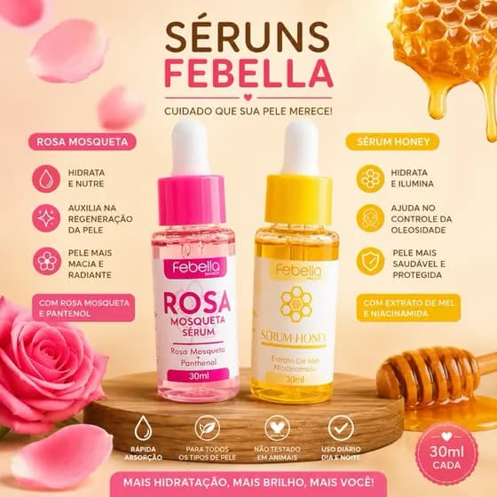 Sérum Facial Febella 30ml Rosa Mosqueta ou Honey Hidratante para Pele