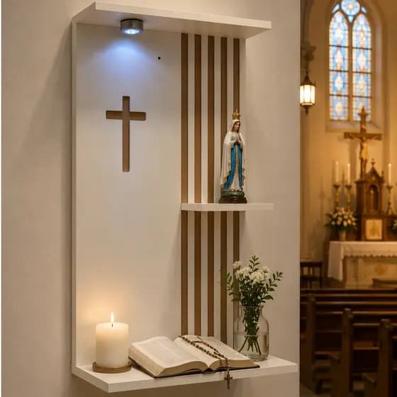 Painel Suporte Parede Oratório Mdf Ripado Altar Cruz Com Led
