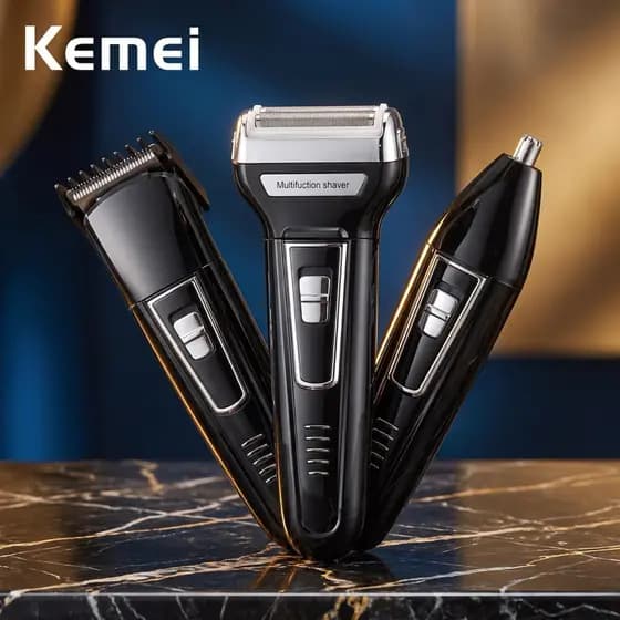 Barbeador Elétrico Kemei 3 em 1 Aparador de Barba Pelos Nariz Recarregável Bivolt