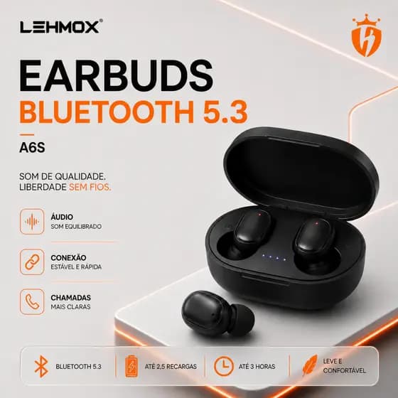 Fone De Ouvido Bluetooth 5.3 Earbuds A6S Preto Sem fio | Compatível com Celular Tablet iPad Android iOS iPhone Apple