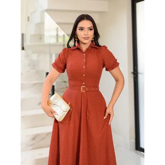 Vestido Feminino Plus Size Godê Midi Manga Média Laise Algodão Botões Funcionais Abertura na Frente