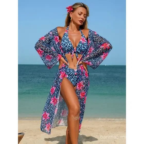 Conjunto de Biquíni com Estampa de Leopardo Azul, Tamanho Grande, para Mulheres, com Amarração Frontal, Push Up, Cintura