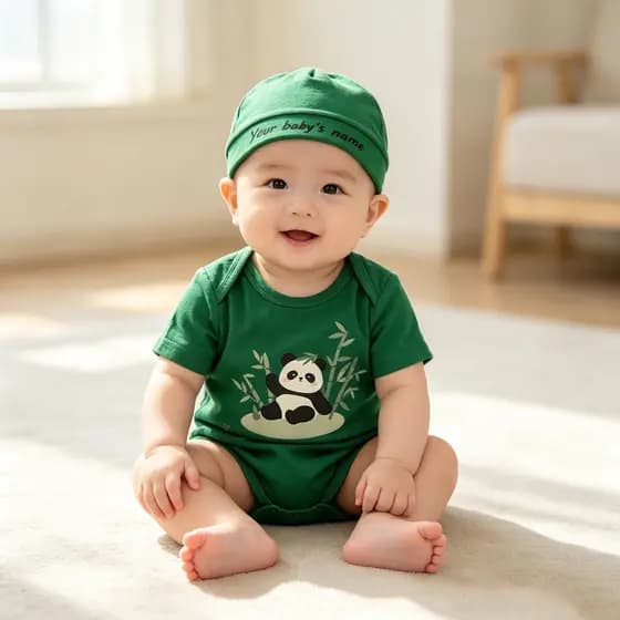 Conjunto de Macacão para Bebê Personalizado com o Nome do Seu Bebê, Estampa de Panda em Bambu, Macacão e Chapéu de Algod