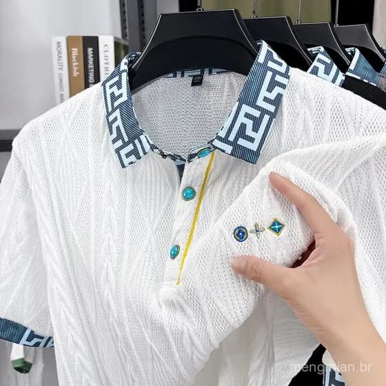 Camisa Polo Masculina de Luxo de Alta Qualidade com Bloco de Cor, Gola, Manga Curta, Nova Moda de Verão, Resistente a Ru