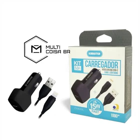 Carregador Veicular Kimaster 5.0A USB/USB-C + Cabo Lightning 15W Fast – CV207UL Anatel