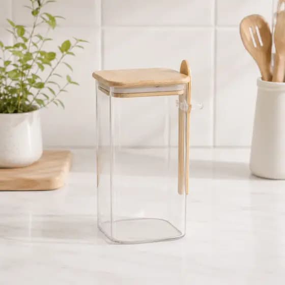 Pote Hermético 20cm de Vidro 1600 ml com Tampa de Bambu e Colher Dosadora | Organização, Elegância e Conservação