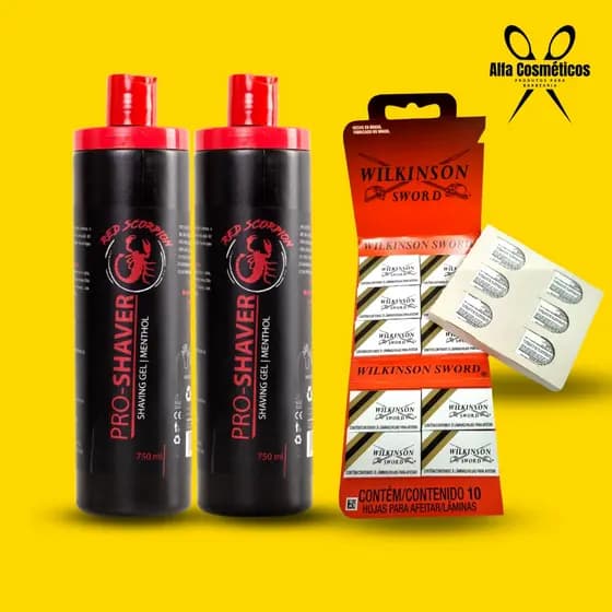 2 Shaving Gel - Red Scorpion 750 ml + 1 Cartela de Lâmina Wilkinson com 30 Lâminas