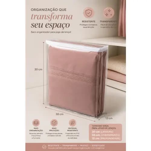 Kit 5 Saco Organizador 30x21x6 Multiuso Closet Armário Guarda Roupa Lençol Transparente de Pvc