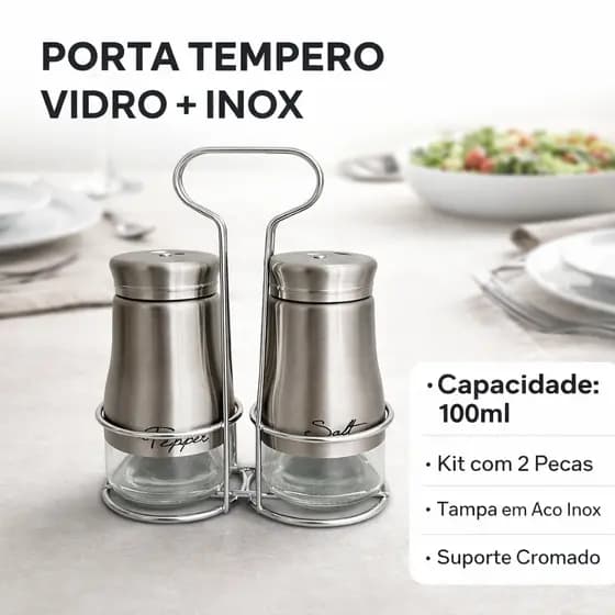 Porta Tempero Vidro e Inox 100ml com Suporte Cromado Kit 2 Unidades Saleiro Pimenteiro Elegante