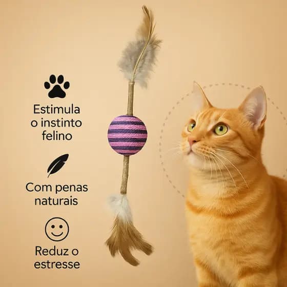 Brinquedo Interativo para Gatos Bola de Poliéster com Haste de Madeira e Penas 25x4cm