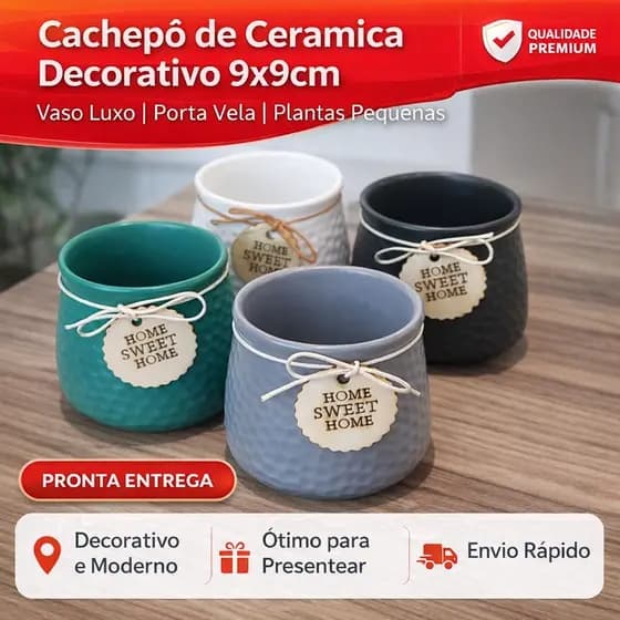 Cachepô Cerâmica Decorativo 9cm Vaso Pequeno Porta Vela Luxo Decoração Casa Jardim Home Sweet Home