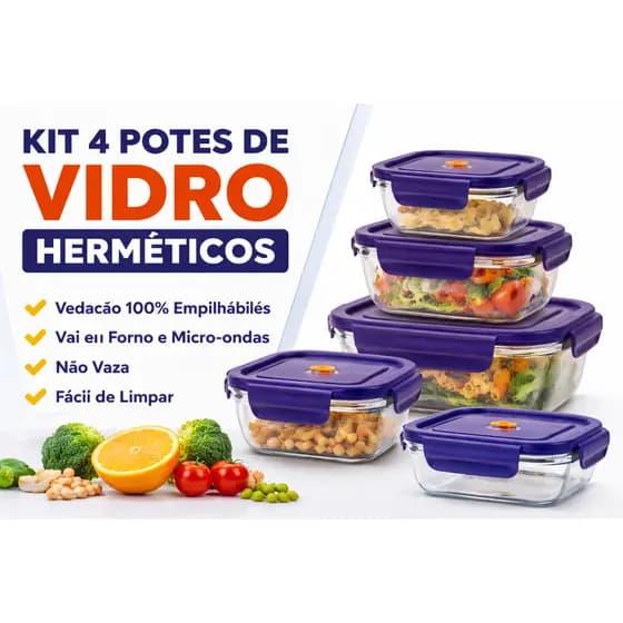 Jogo de Potes Vidro Hermeticos Quadrados Com Tampa Silicone e Valvula de Supressão Kit 4 Unidades
