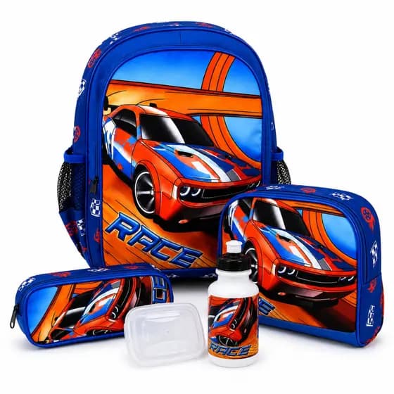 Kit Mochila Infantil De Costas Race Carro de Corrida Com Lancheira Estojo E Garrafinha Escolar Menino