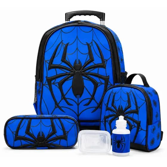 Kit Mochila Infantil De Rodinhas Spider Com Lancheira Estojo E Garrafinha Escolar Menino