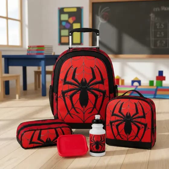 Kit Mochila Infantil De Rodinhas Spider Com Lancheira Estojo E Garrafinha Escolar Masculino