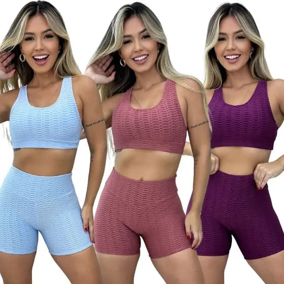 Conjunto de Academia Short e Cropped Fitness jacquard bolha Cós Alto Treino