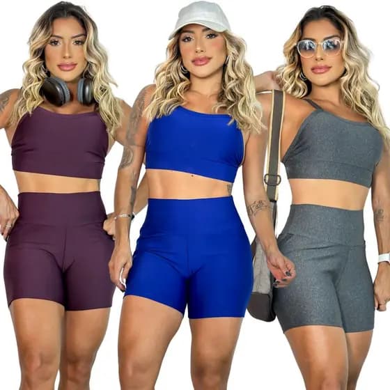 Conjunto Short e Cropped Fitness Academia Cós Alto Cores