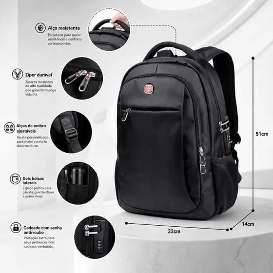 Crosswave Mochila Cadeado Notebook Executiva Reforçada Resistente