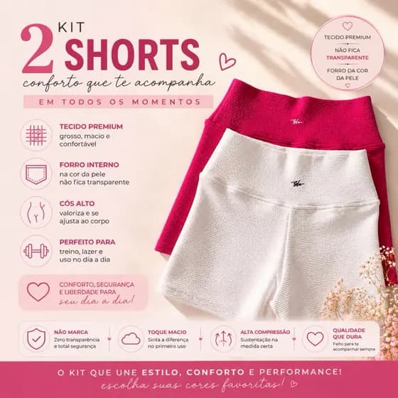 kit 2 Shorts Academia Feminino Cós Alto Com Forro zero Transparência