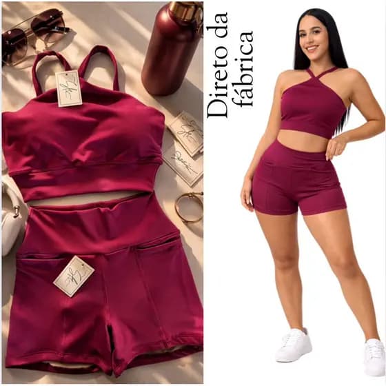 Conjunto Top x + Shorts Bolso Suplex Luxo Forrado