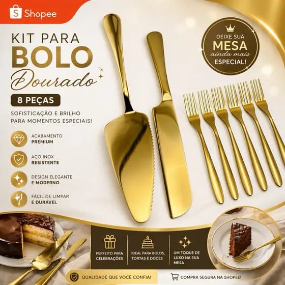 Jogo Talheres Inox Dourados Para Bolo Tortas e Sobremesa – 8 Peças