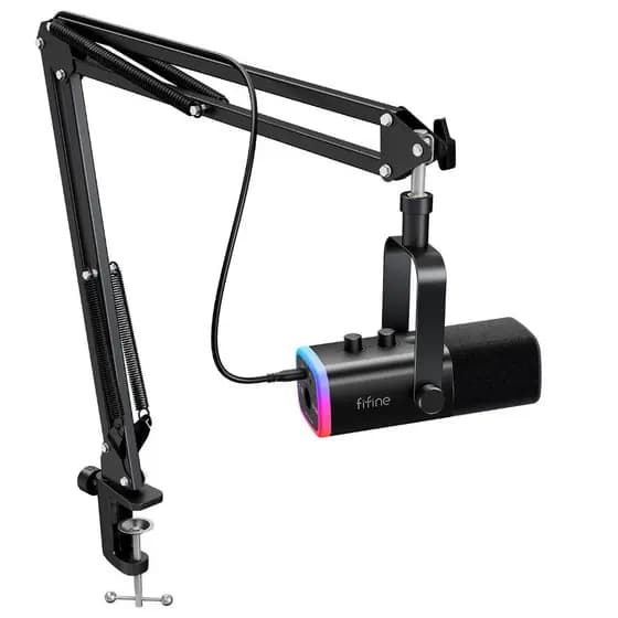 Microfone FIFINE AM8 Dinâmico com Braço Articulado Preto, microfone gamer para jogos e podcast com rgb preto branco