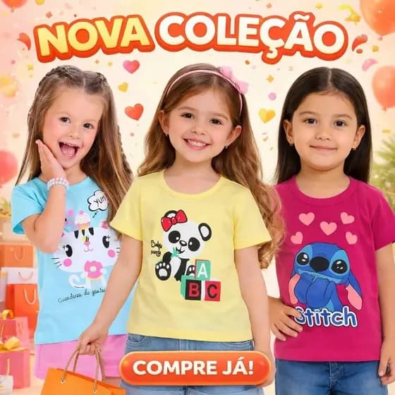 🛍️ KIT 5 Camisetas Infantis Menina 100% Algodão Roupa Infantil Feminina Blusa Criança