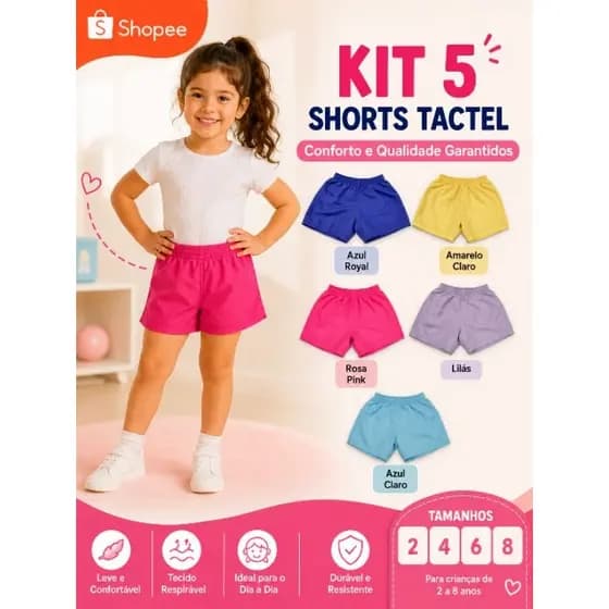 Short Infantil Feminino Tactel Menina Diversas Cores Praia Piscina Verão Oferta