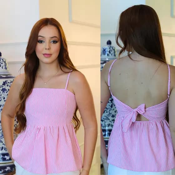 Blusa Bata Regata Feminina com Babado Peplum Listrada Alcinha