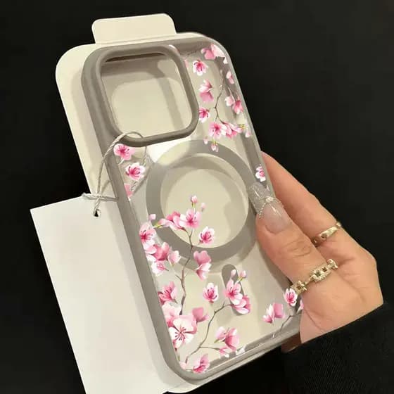 Capa Magnética De Flor De Cerejeira Com Flores Rosa Para iPhone 17 16 15 14 13 12 11 Pro Max Plus 16E Transparente Fosca