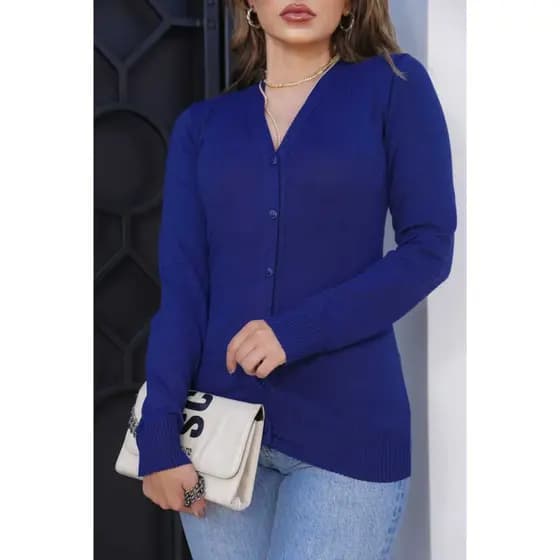 Casaco Cardigan de Lã Básico Feminino Inverno de Tricot Liso de Botões com Elastano Premium