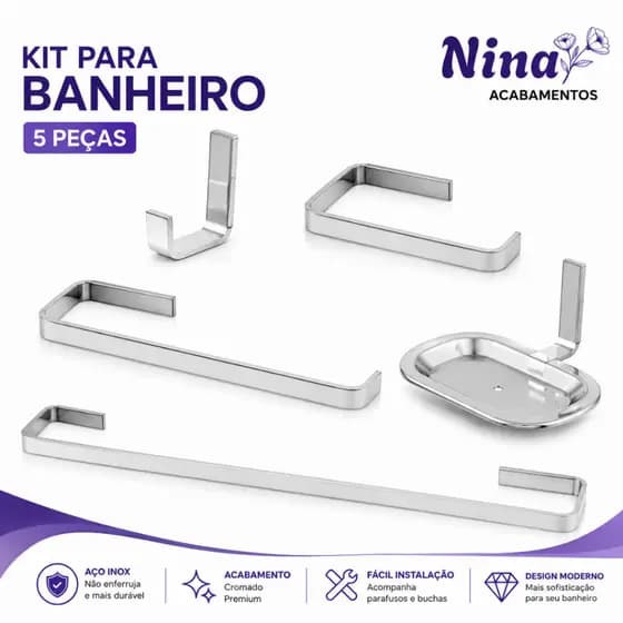 Kit Banheiro Quadrado Cromado 5 Peças | Resistente e Alta Qualidade