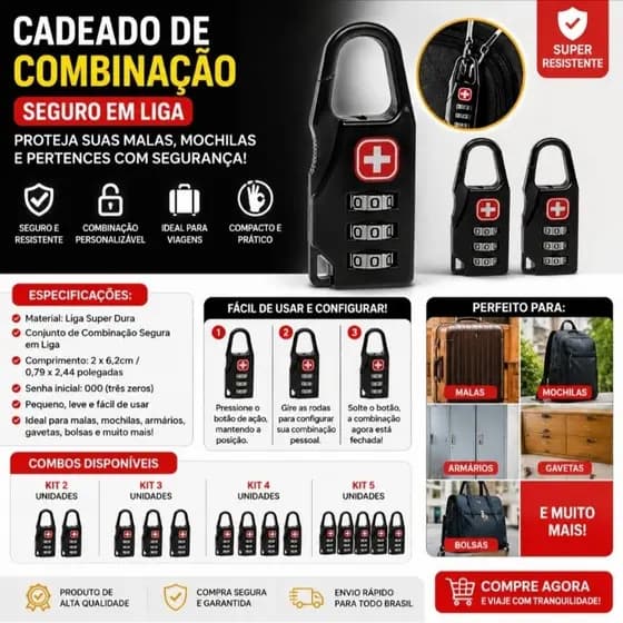 Cadeado Senha Mala Viagem Mochila Bolsa Armário Segurança Combinação 3 Dígitos