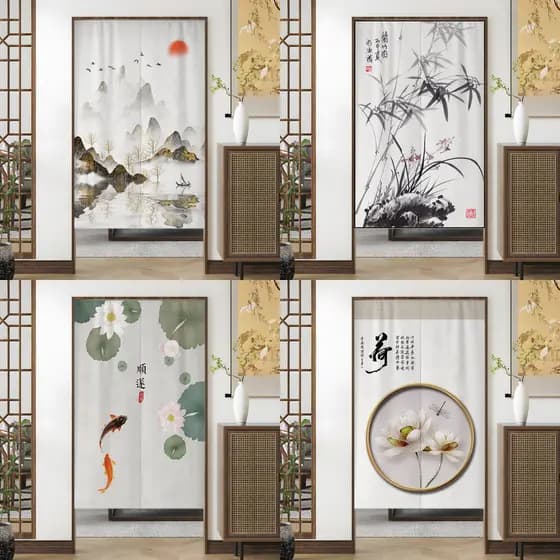 Cortina de porta de Feng Shui estilo chinês, cortina de tecido de bloqueio de quarto