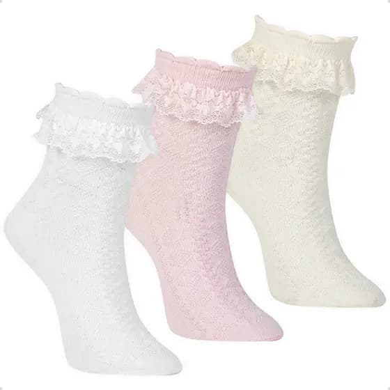 Kit 3 Pares Meia Babado de Renda Algodão Infantil Bebê Cano Médio Menina Rendada Batizado Festa