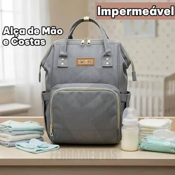 Mochila Maternidade impermeável Expansível Poliéster Cinza ou preto com Amplo Espaço e Compartimentos