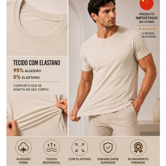 Camiseta Masculina Premium Algodão Elastano Gola Careca Importada Casual Básica